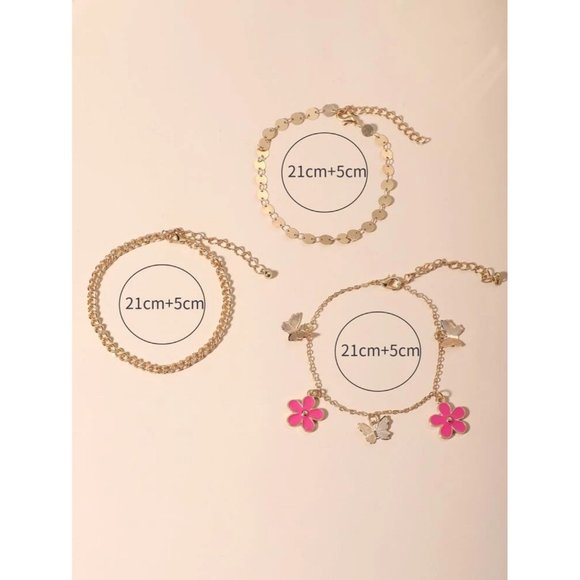 Butterfly & Flower Charm Anklet Gold And Pink - Picture 3 of 3